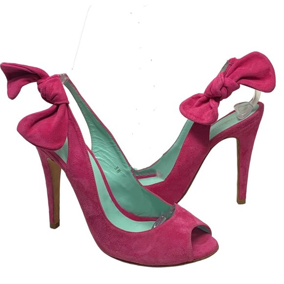 MELLOW YELLOW Nuevo Pink‎ Suede Peep Toe Slingback Bow Pumps - Picture 1 of 12